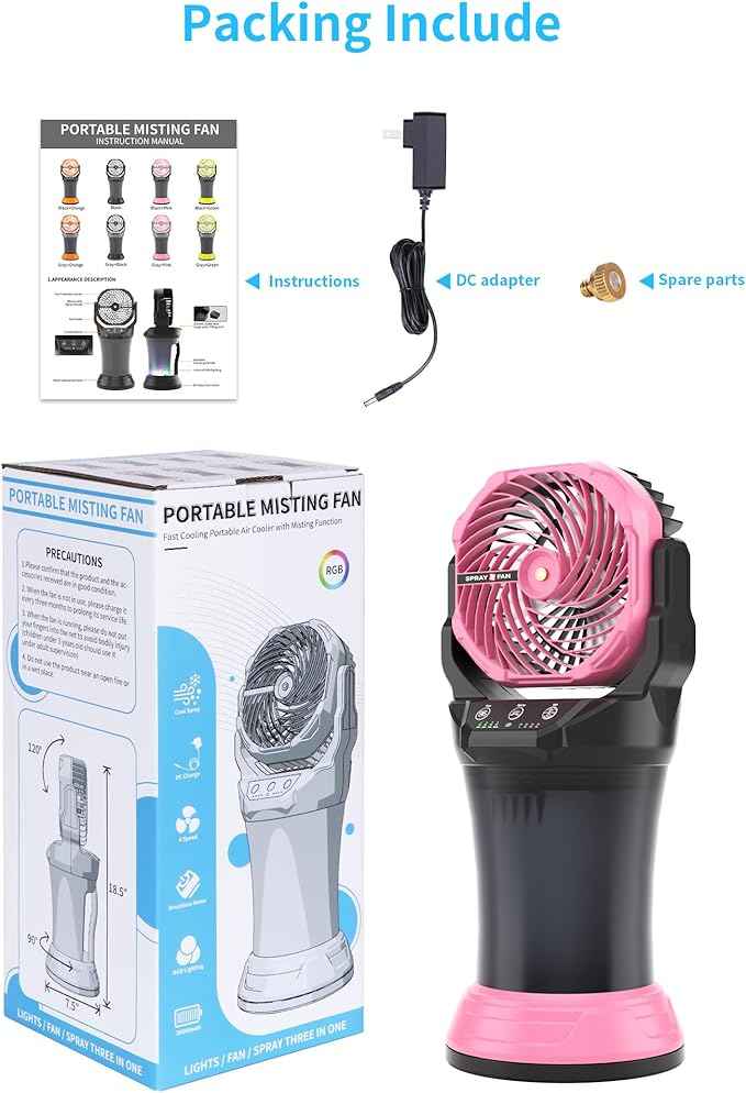 AVV Portable Misting Fan with RGB Ambient Light- 2L Water Tank, 4 Speeds & Spray Mist Fan, 30000mAh Rechargeable Misting Fans for Outdoor/Indoor Fans for Camping, Patio, Garden, Black-Pink