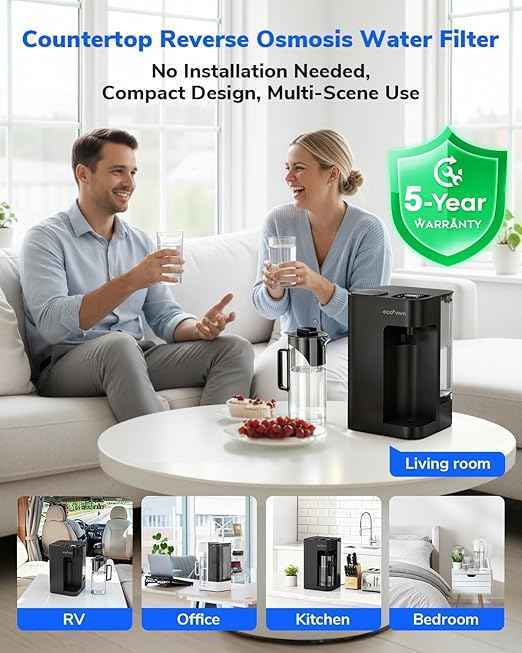 Mate 3 Reverse Osmosis Water Filter Countertop, 3:1 Pure to Drain, Smart Autofill Pitcher, No Installation Water Purifier, 8 Stage RO Water Filtration, with Remineralization, Black