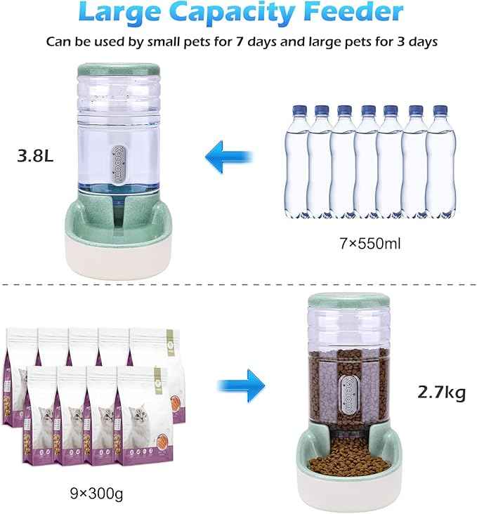 Automatic Dog Cat Feeder and Water Dispenser Gravity Food Feeder and Waterer Set with Pet Food Bowl for Small Medium Dog Puppy Kitten, Large Capacity 1 Gallon x 2
