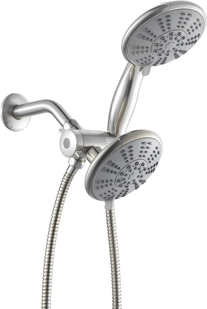 5-Inch Anti-Clog High Pressure LARGE Dual Shower Head with Handheld Spray - 5 Unique Spray Modes/BRASS CONNECTOR/5 Ft Stainless Steel Hose/Spot Resist Brushed Nickel