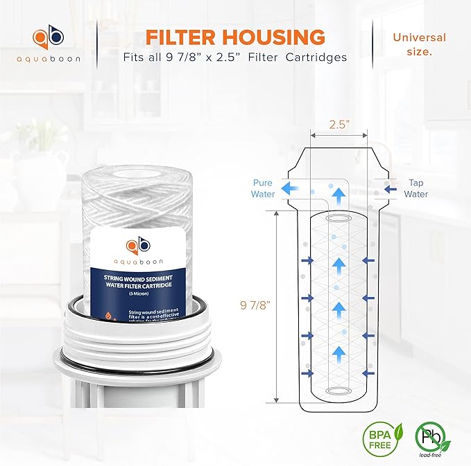 Aquaboon Whole House 5 Micron 10 x 2.5 String Wound Sediment Water Filter Cartridge Replacement Compatible with Well Water Filter WHKF-WHSW, 4-Pack