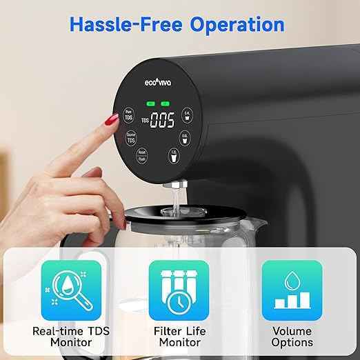 Ecoviva Countertop Reverse Osmosis Water Filter, 6 Stage RO Water Filtration System with 44 oz Glass Carafe, Water Purifier, 3:1 Pure to Drain, Black