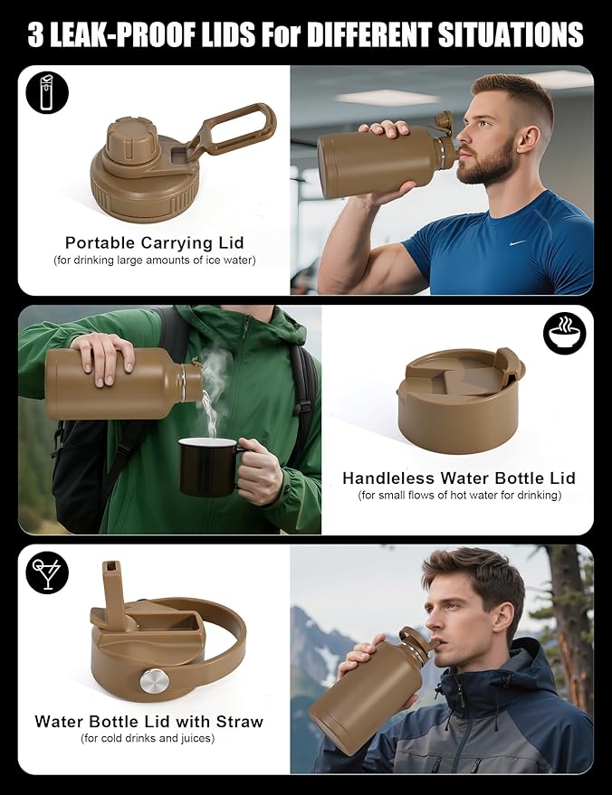 Tactical Half Gallon Water Bottle with Straw, 64 Oz Insulated Water Jug with Molle Water Bottle Holder, Stainless Steel Sport Bottle with 3 BPA Free Lids for Gym Workout Hiking (Brown)