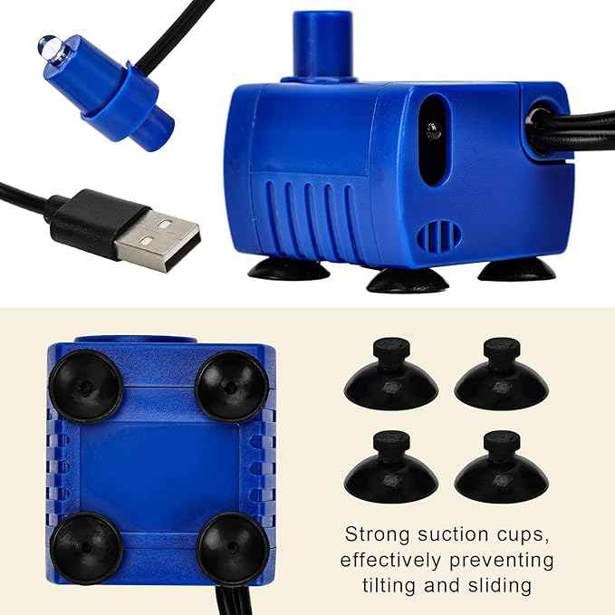 Submersible Water Pump, Small USB Quiet Cat Water Fountain Pump for Pet, Fish Tank, Aquarium DC5V 1.5W 200L/H with Light (3, Blue)