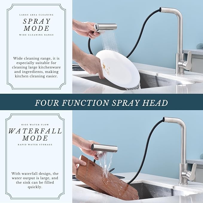 Kitchen Faucet with Pull Down Sprayer SUS304 Stainless Steel Waterfall Kitchen Sink Faucet 4 Functions Brushed Nickel Pull Out Kitchen Sink Faucets Utility Rv for 1 or 3 Hole Sink, KF2-BN
