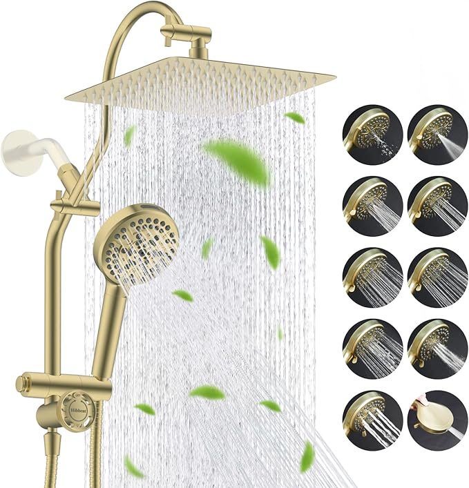 Hibbent cUPC Certified All Metal 10" Rainfall Showerhead Combo, High Pressure Shower Head with 10-Spray Handheld, Innovative 4-way Diverter with Pause Mode, 71'' Shower Hose & Holder, Burshed Gold
