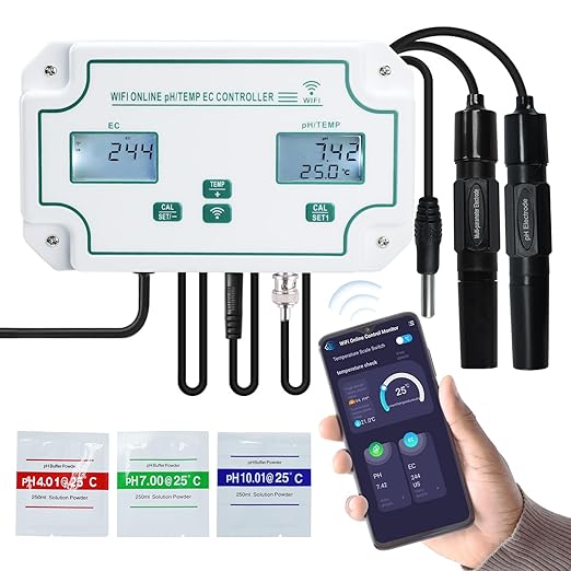 Smart 3-in-1 pH, EC & Temperature Water Quality Monitor with App Control – Continuous Online Tester for Hydroponics, Aquariums, Pools, Labs & Aquaculture
