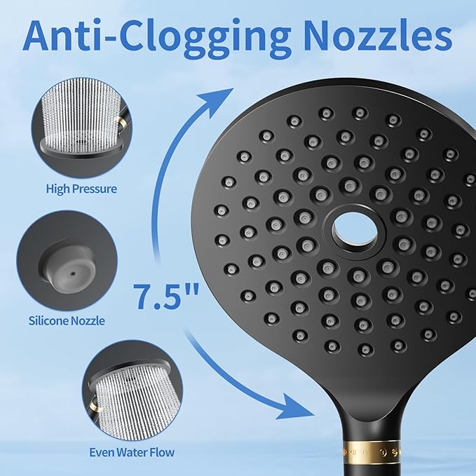 JONKEAN Dual Shower Heads with Handheld Spray Combo, 7.5" Big Filtered Double Shower Head for Hard Water, 9 Modes Waterfall Rain Shower Head High Pressure with Long Hose & Adjustable Bar (Matte Black)