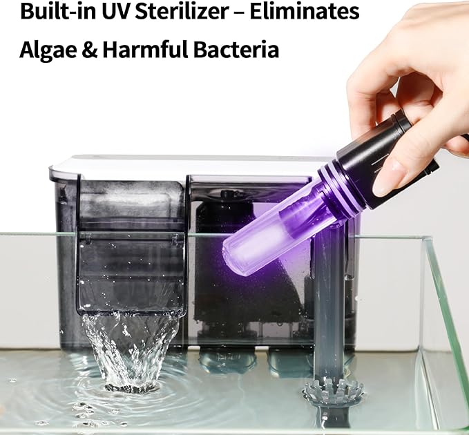 U1 Aquarium Filter with Built-in UV Sterilizer for Green Water Control, 2000mL Extra-Large Filter Chamber, Anti-Splash High Walls & Extended Adjustable Intake Pipe for 30-50 Gallon Fish Tanks