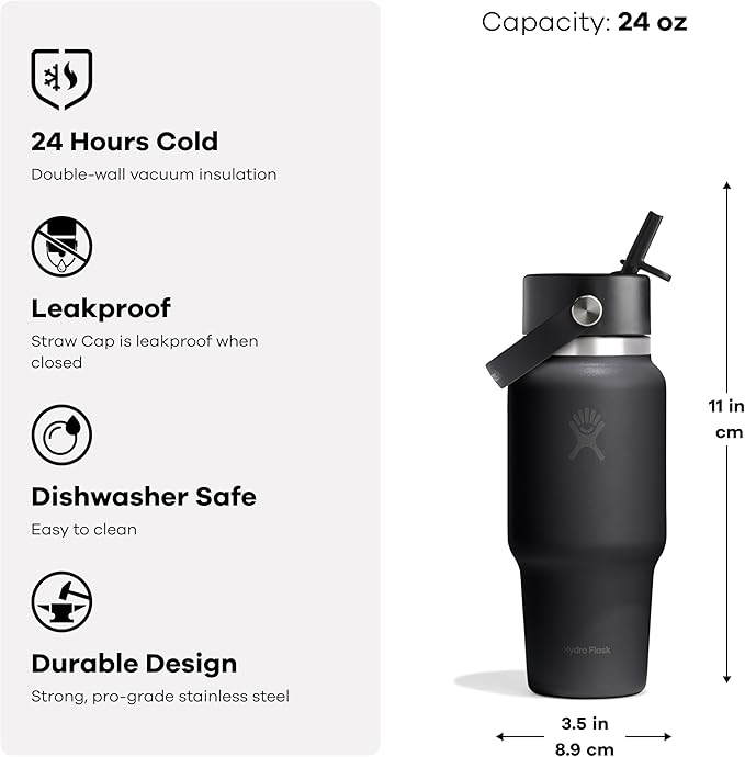 Hydro Flask Travel Water Bottle - Insulated Stainless Steel - Wide Straw Lid, Non Spill, Leakproof in 24 Oz Capri Blue