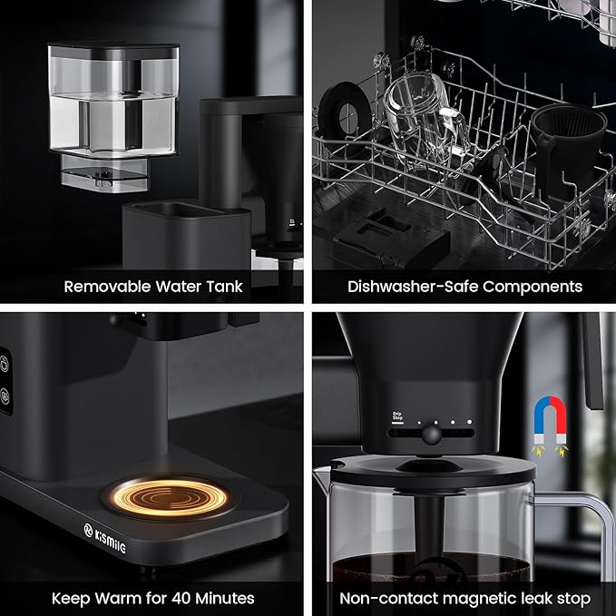 Kismile 8-Cup Drip Coffee Maker Machine, Pour Over Coffee Brewer with 3-Second Instant Heating (197-205℉), Removable Water Tank, Adjustable Flow Control, Cold Brew Mode & 40-Min Keep Warm, Dark Grey