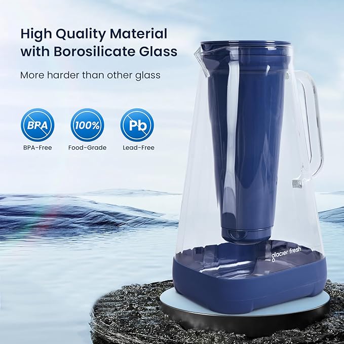 GLACIER FRESH 10 Cup Purela Glass Water Pitcher with 1 Ultrafiltration Membrane and Activated Carbon Filter, Reduces 99% Chlorine, PFOA&PFOS, Coliforms, Blue