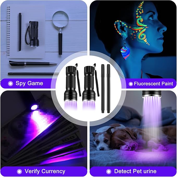Tegeme 4 Invisible Ink Pen Set 2 Invisible Marker 2 Blacklight Flashlights with UV Black Light Markers Disappearing Ink Pen for Secret Notes Holiday Gifts Favors(21 LED)