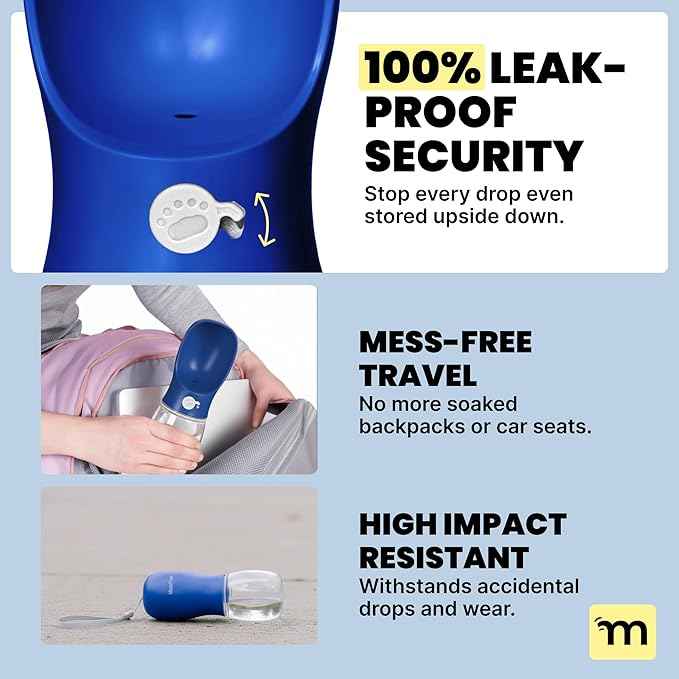 MalsiPree Dog Water Bottle Dispenser for Walks - 12 oz Navy Blue - Leak-Proof Lock & One-Hand Operation - On The Go Dog Water Dispenser- Pet Travel Bottle with Built-in Bowl, for Hiking & Travel