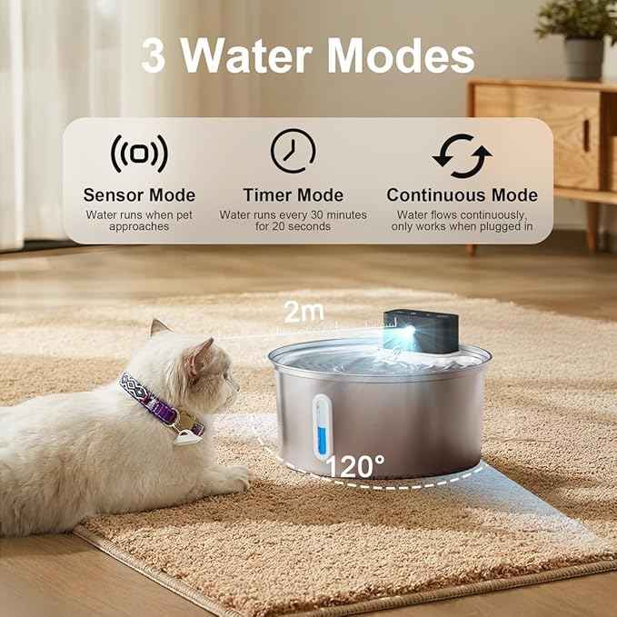 Casfuy PWL-008 Wireless Smart 3-Mode Stainless Steel Cat Water Fountain, 108-oz