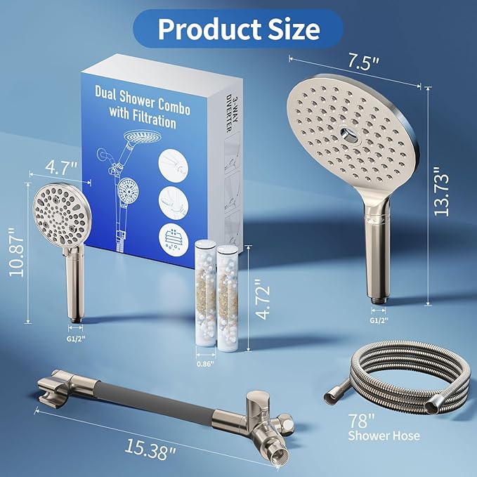 JONKEAN Dual Shower Heads with Handheld Spray Combo, 7.5" Big Filtered Double Shower Head for Hard Water, 9 Modes Waterfall Rain Shower Head High Pressure with Long Hose (Brushed Nickel)