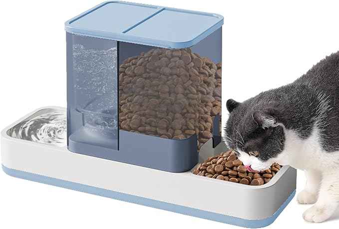 Yummy Sam Automatic Small Pet Feeder and Water Dispenser, 2 in 1 Gravity Cat Auto Pet Feeder and Waterer Set Feeder Dish for Small Medium Pets Dog Puppy Kitten (Blue)