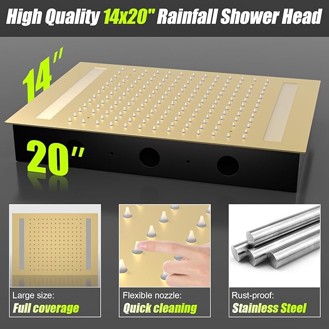 14x20 Inch LED Rainfall Shower Head- High Pressure Overhead Shower Heads with Water Filter Large Square Ceiling Mounted Bath Showerhead for Strong Spray & Relaxing Rain Shower (Brushed Gold)