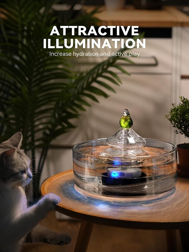 All-Glass Cat Water Fountain, 3.2L/108oz Glass Pet Fountain with LED Light, Automatic Water Dispenser for Cats (White)