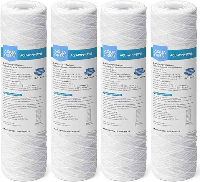 AQUA CREST 5 Micron 10"x2.5" String Wound Sediment Water Filter Cartridge for Well Water, Universal Replacement for Any 10 inch RO Unit, WP-5, Aqua-Pure AP110, CFS110, Culligan P5, WFPFC4002, 4Pack