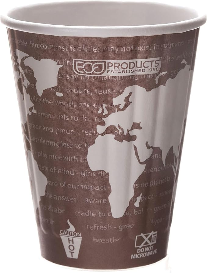 ECO PRODUCTS Compostable Disposable Insulated World Art 8oz Coffee Cups, Case of 800, Renewable Double-wall Hot Paper Cup, Plant Based PLA Lining, No Sleeves Needed, Color Coded