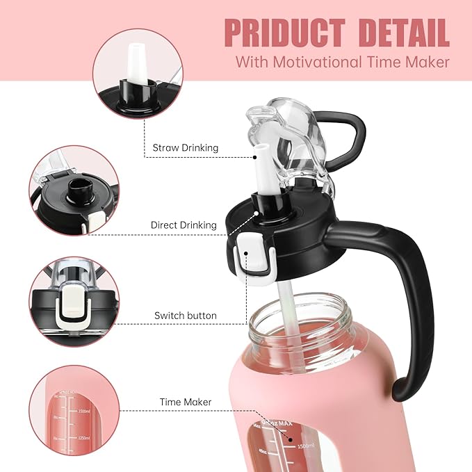64 oz Glass Water Bottle with Handle and Straw Large 2L Water Bottle with Time Markers and Silicone Sleeve Half Gallon Water Jug BPA Free for Gym Daily Use