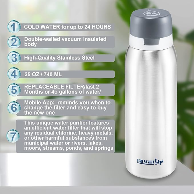 Level Up Way –25 Ounce Premium Stainless Steel Water Bottle with Filter – BPA Free - Travel Essentials - Alkaline Water Filter pH 9+ (Black)