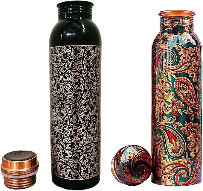 Copper Water Bottle 1 Liter – Leakproof Ayurvedic Tamba Bottle for Drinking Water, BPA-Free Copper Vessel for Health Benefits, Joint-Free Durable | |Home| Office (2 Printed Bottle)