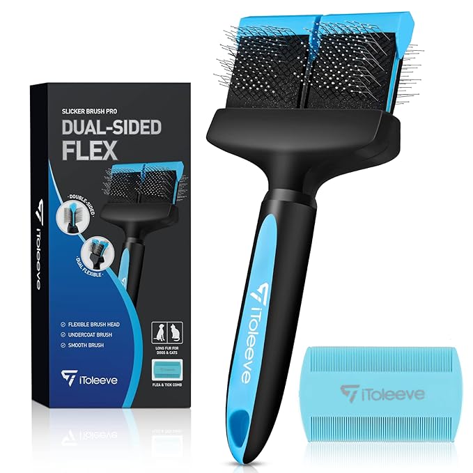 Dual Flex Slicker Brush Dog Brush, Gentle Grooming Tool for Sensitive Dogs & Cats - Ideal for Long Hair, Removes Undercoat, Tangles, and Knots - AquaVibe
