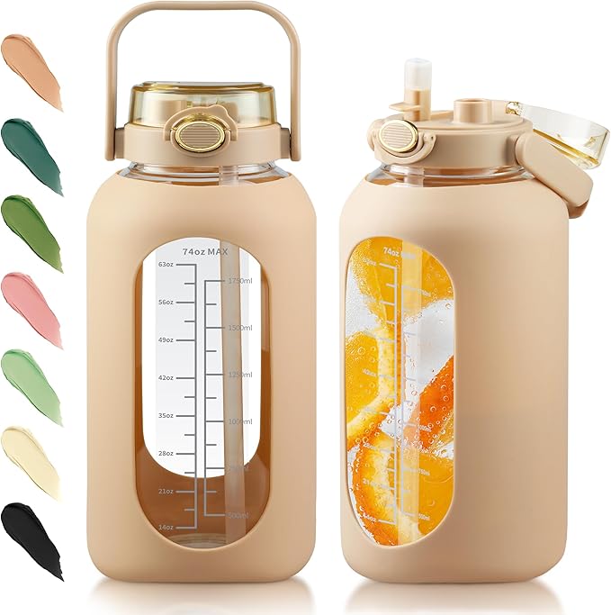 SIEROZUR 64 oz Glass Water Bottle with Straw and Handle Lid Half Gallon Motivational Glass Bottle with Silicone Sleeve and Time Marker Large Reusable Sports Water Jug for Gym Home Workout