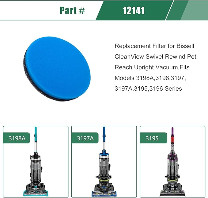 Replacement Filter Compatible with Bissell 3197A 3197 3198A 3198 3195 3196 CleanView Swivel Rewind Pet Reach Upright Vacuum, Part # 12141 (Blue- 4 Pack)