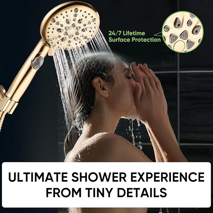 Cobbe High Pressure Shower Head with Built-in Pause Button 9-Function Detachable Showerhead with Handheld Brass Swivel Bracket & Stainless Steel Hose, Water Saving 1-Click Stop, Gold
