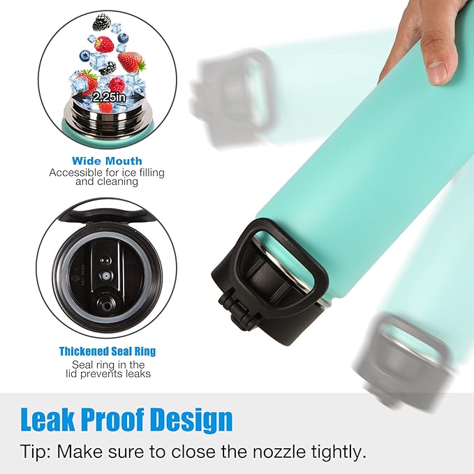 Volhoply Insulated Water Bottles with Straw Bulk 4 Pack, 22 oz Stainless Steel Double Walled Vacuum Travel Water with Wide Mouth, Reusable Metal Cold Water Flask for School Hiking(Mint,4 Set)