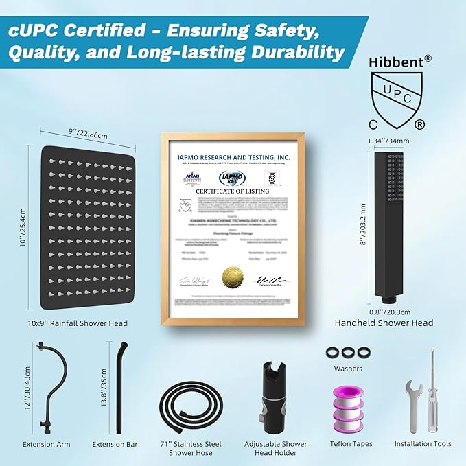 Hibbent cUPU Certified High Pressure 10'' Rainfall Shower Head, Showerhead Combo with 4-mode Handheld Spray, 12'' Adjustable Extension Arm, Extension Bar, Easy Reach Holder, 71'' Hose, Matte Black