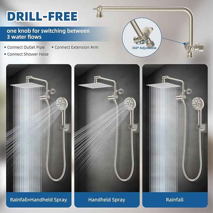12" All Metal Shower Head, High Pressure 10-Spray Handheld Showerhead Rainfall Shower Head Combo with 11" Adjustable Shower Extension Arm, 71" Hose, Shower Head Holder, Brushed Nickel