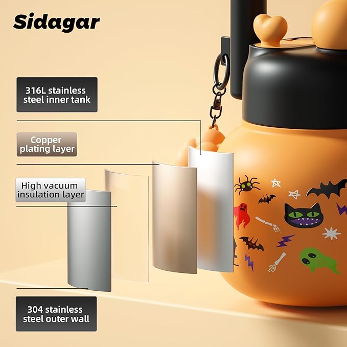 22 oz Tote Water Bottle with Straw and Carry Handle, Wide Mouth Vacuum Insulated Stainless Steel Tumbler, Travel Coffee Cup for Women Easy Carry, Halloween