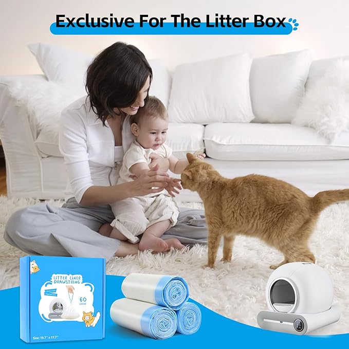 60 Count Self Cleaning Cat Litter Box Liners Bag Compatible with MeoWant MW-SC01,MW-SC02, Drawstring Heavy Duty Kitty Litter Receptacles Bags Fit For Automatic Cat Litter Box-17.7" x 19.7" - AquaVibe