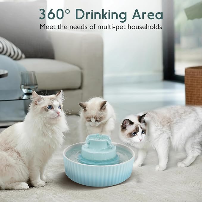 Ceramic Cat Water Fountain, 2.1L/71oz Cat Fountain with 3 Carbon Filters and 2 Quiet Pumps, Cupcake Pet Water Dispenser for Cats and Dogs (Light Blue)