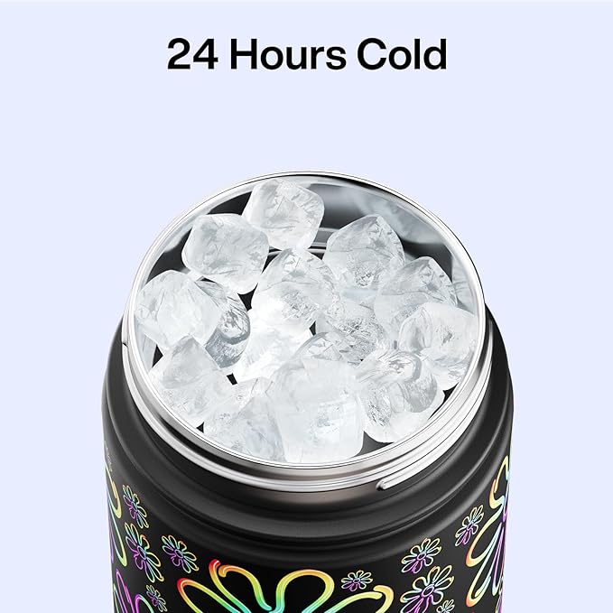 ENCOOL Insulated Water Bottle with Straw Stainless Steel Water Bottle, Glow in the Dark, Leak-Proof, BPA-Free, Keeps Cold for 24 Hours for Sports, Travel, School (26 oz, Flower)