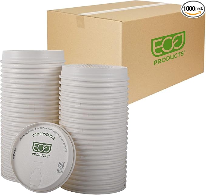 Eco-Products Compostable Paper Coffee Cup Lids, Case of 1000, White GreenStripe Tops, Fits 10-20oz Hot Cups, Lined With PLA, A Renewable Material Made from Plants, ASTM, BPI-Certified