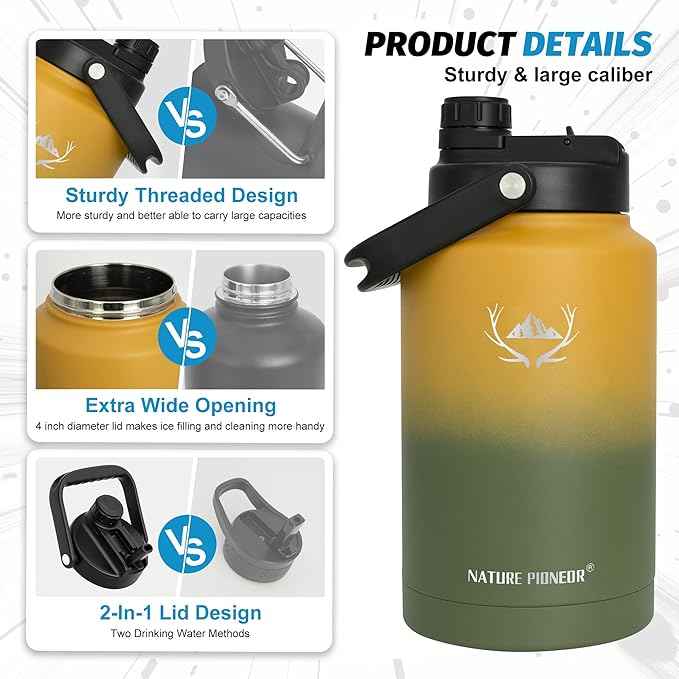 NATURE PIONEOR 1 Gallon Insulated Water Bottle - Double Vacuum Stainless Steel 128 oz Water Bottle with Holder, Wide Mouth & 2-in-1 Lid (Flip Straw & Spout), 1 Gallon Water Jug, Hiking, Camping, Gym