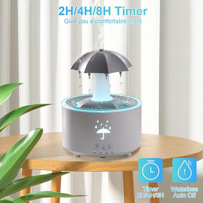 Raindrop Humidifier for Bedroom and Office, Essential Oil Diffuser with 7-Color LED Lights, 4-Timer Air Humidifier, Ideal 300ML Mini Air Vaporizer for Nursery & Families (White Rotatable Umbrella)