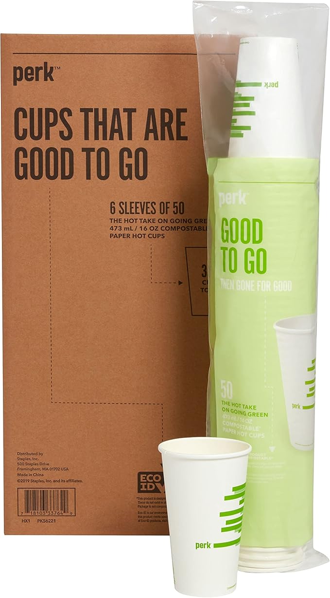 Perk Eco Compostable Paper Hot Cups, 16 Oz, 600 Count Disposable Cups for Hot Beverages, White/Green