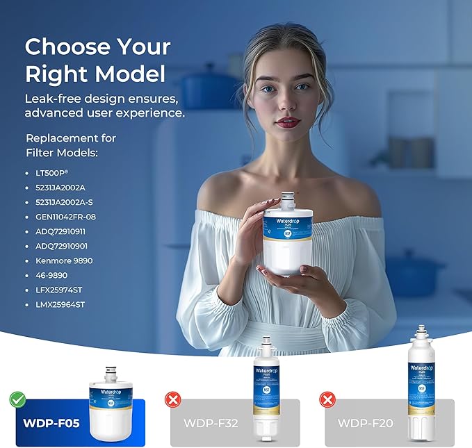 Waterdrop Plus 5231JA2002A NSF 401&53 Refrigerator Water Filter, Reduce PFAS, Replacement for LG® LT500P®, ADQ72910911, ADQ72910901, Kenmore 9890, GEN11042FR-08，3 Filter (Package May Vary)