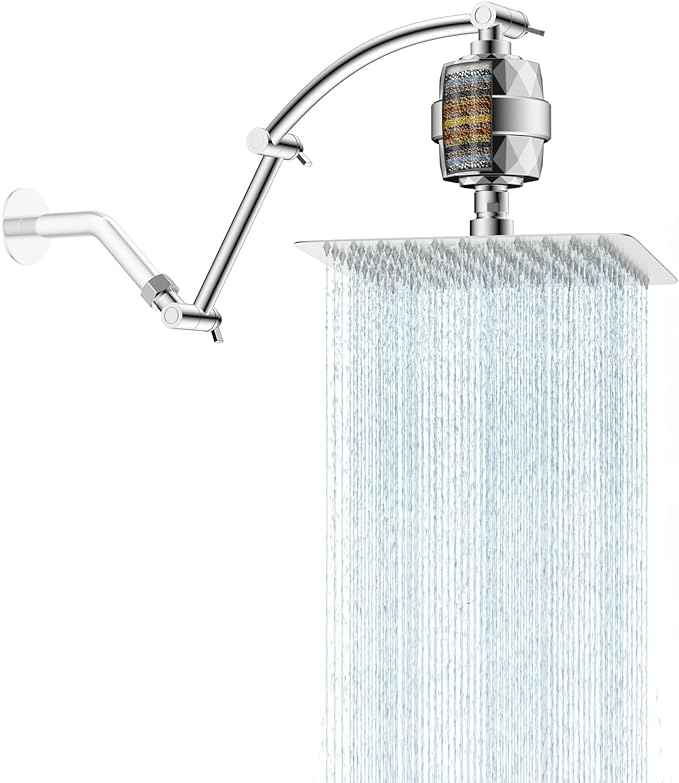 Hibbent All Metal Rain Filtered Shower Head, 10'' High Pressure Rainfall Showerhead with 16" Shower Head Extension Arm, 20 Stage Shower Filter, Solid Brass Adjustable Shower Arm Extender, Chrome