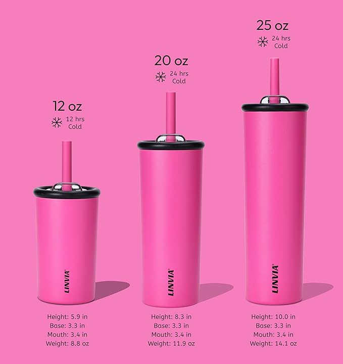 Candy Tumbler, 20 oz Kids Insulated Stainless Steel Water Bottle with Spill Resistant Silicone-Metal Straw and 2-in-1 Lid, BPA-Free, Cup Holder Friendly, Dishwasher Safe, Hot Pink