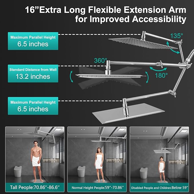 All Metal 12 Inch Rain Shower Head with Handheld Spray Combo, High Pressure Waterfall Rainfall Square Shower Heads with 16" Adjustable Extension Arm, Dual Showerhead with 3-Way Diverter, Chrome