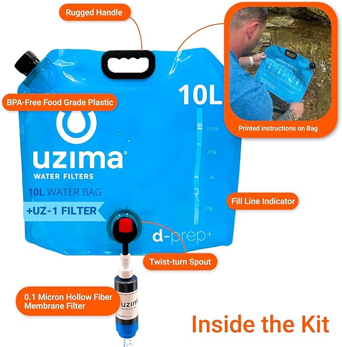 Uzima D-Prep Plus Emergency Water Filtration & Storage System – 10L Collapsible Gravity Water Storage Container with UZ-1 Filter for Safe Drinking – Portable Survival & Camping Bladder