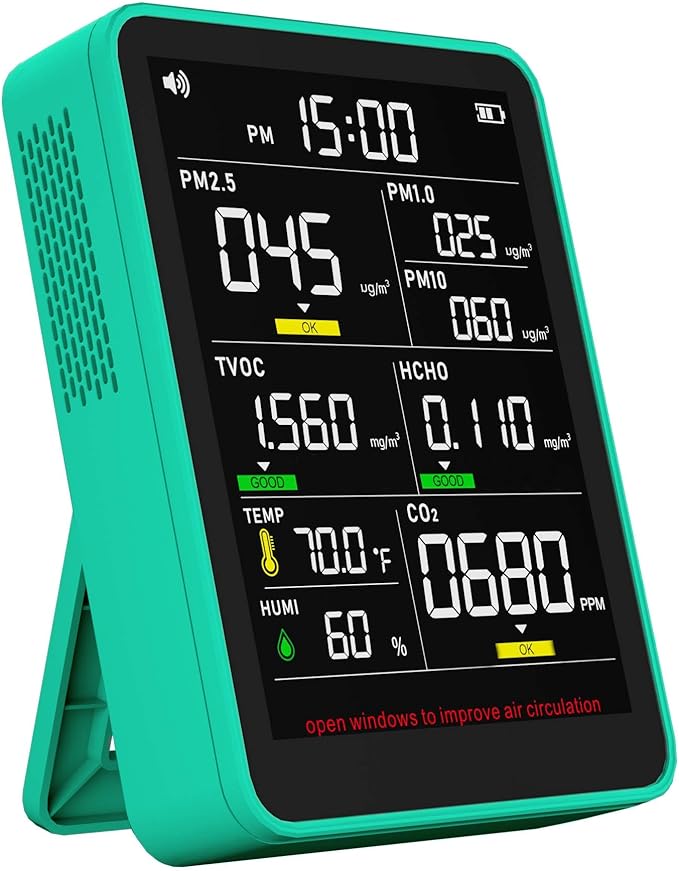 XOOPON 13-in-1 Indoor Air Quality Monitor with PM1.0/2.5/10, CO2, HCHO, TVOC, Temp, Humidity & Time, 4 Alarm Modes, Portable Air Quality Tester for Home, Office, Car, Wall-Mount or Desktop Use