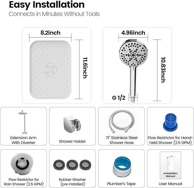 JOMOO Handheld Shower Head Combo, 12 Inch Rain Shower Head, Dual Showerhead Set with Filtered Handheld, Power Wash Mode, 10 Spray Settings, 3-Way Diverter, High Pressure for Bathroom, Chrome